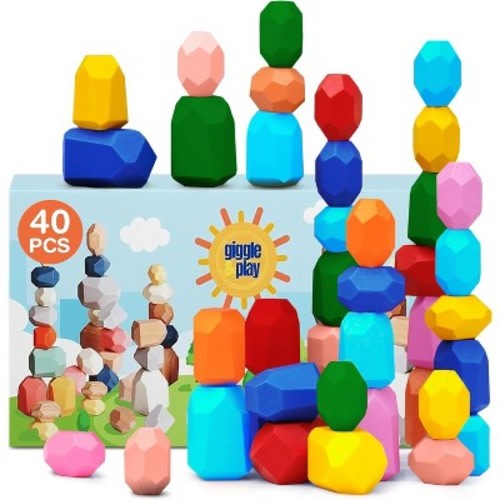 Giggle & Play | 40 Pcs Kids Montessori Learning Wooden Stacking Stone Set Educational