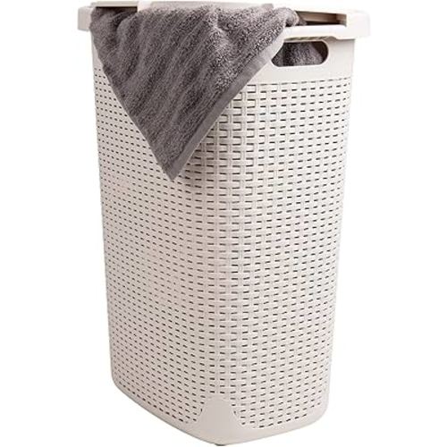 Mind Reader 60L Slim Laundry Hamper, Clothes Basket, Lid, Wicker Design, Plastic, 17.65"L x 13.75"W x 24.15"H, Ivory