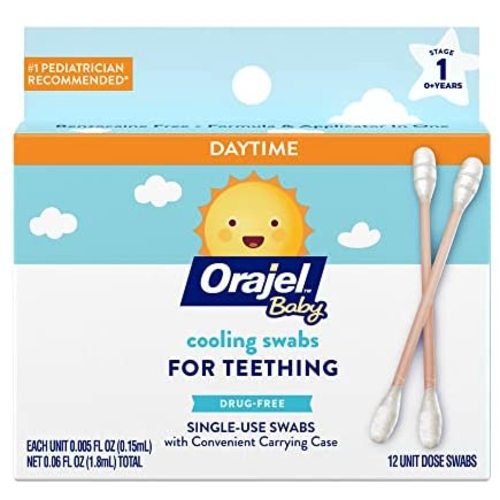 Orajel Baby Daytime Cooling Swabs for Teething, Drug-Free, #1 Pediatrician Recommended Brand for Teething*, 12 Swabs in Carrying Case