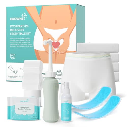 Grownsy Postpartum Essentials Recovery Kit for Labor & Delivery | Postpartum Kit for Women | Includes Upside Down Peri Bottle, Perineal Spray, 28 Cooling Pad Liners,2 Ice Packs &4 Disposable Underwear