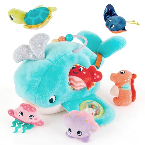 Soft Rattle Montessori Baby Toys 6-12 Months, Soft Barn Ocean Playhouse with 6 Stuffed Animals, Sensory Development Activity, Toddler Learning Toys (Ocean Whale)