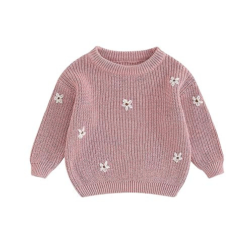 Baby Girl Cable Knit Sweater Long Sleeve Boho Floral Embroidery Oversized Sweatshirt Warm Fall Winter Clothes