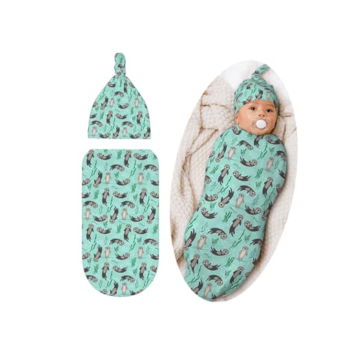 Lcokin Sea Otter Swaddle Blanket with Beanie Hat Set Boys Girls, Cute Sea Otter Lover Gifts Sleep Sack Receiving Blanket for Infants & Newborns