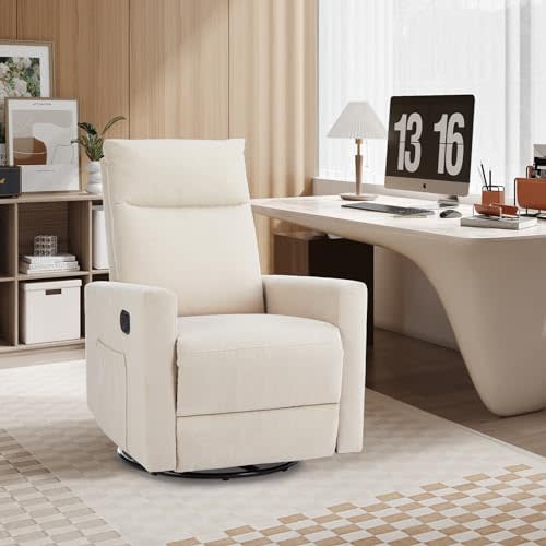 SMUG Swivel Recliner Chair, Rocking Chair Nursery Massage, Glider Rocker Recliner for Nursery, Glider Nursery Chair for Living Room with Extra Large Footrest, High Back, Upholstered Deep Seat (Beige)