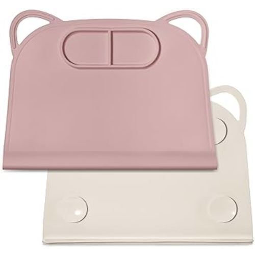 Domensi Silicone Suction Placemat with Teething Edge Bumper/Spill for Baby Toddlers Kids with Storage Bag, Non-Slip Dinning Table Mat, Dishwasher Safe for Table (Pink,Beige,2 Pack)