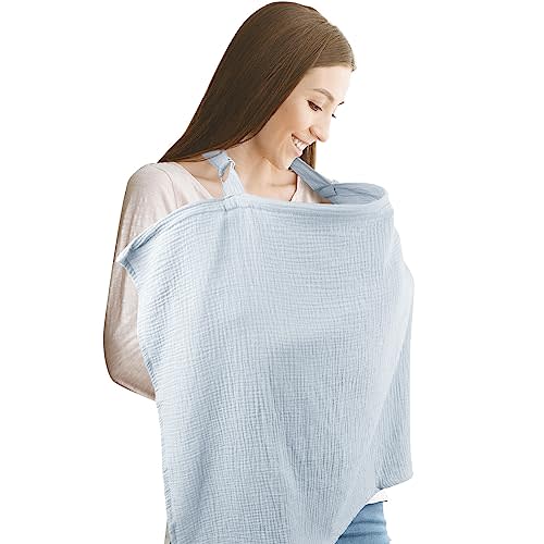 Muslin Nursing Cover for Baby Breastfeeding, Breathable Privacy Nursing Cover with Arch Neckline for Mom, Organic Cotton Multi-use Nursing Apron (Gray)