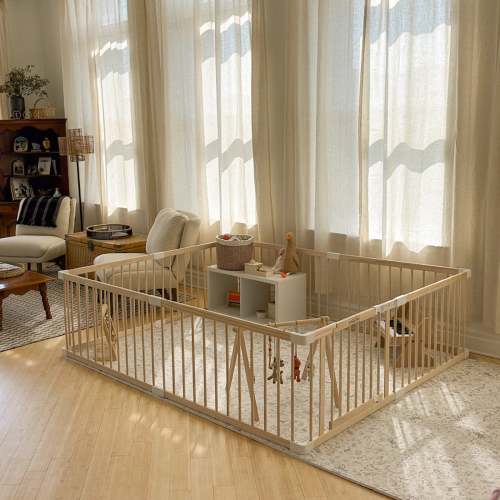 HARPPA Wooden Baby Gate Playpen | Non-Toxic Foldable DIY Adjustable Play Yard for Infants & Toddlers – Natural Finish Baby Fence for Small & Large Spaces