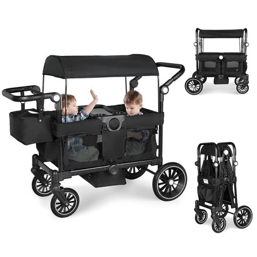 Stroller Wagon for 2 Kids, Foldable Kids Wagon w/Adjustable Push Pull Handle, Shock-Absorbing Wheels, Removable Canopy, Extra Diaper Bag & Harness, Detachable Tray, Grey