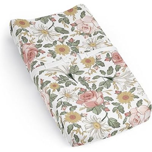 Sweet Jojo Designs Blush Pink Yellow Vintage Floral Boho Girl Baby Changing Pad Cover Sheet Infant Newborn Diaper Change Mat Cover Green White Bohemian Shabby Chic Farmhouse Leaf Rose Leaves Flower