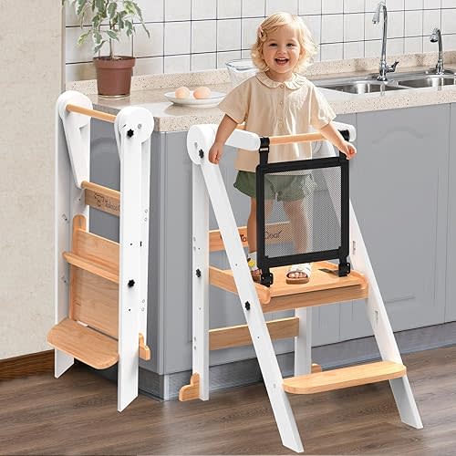 Foldable Toddler Tower, Toddler Kitchen Stool Helper with Safety Net, Wooden Kitchen Step Stool for Toddlers with Adjustable Height, Standing Tower for Learning and Cooking(White)