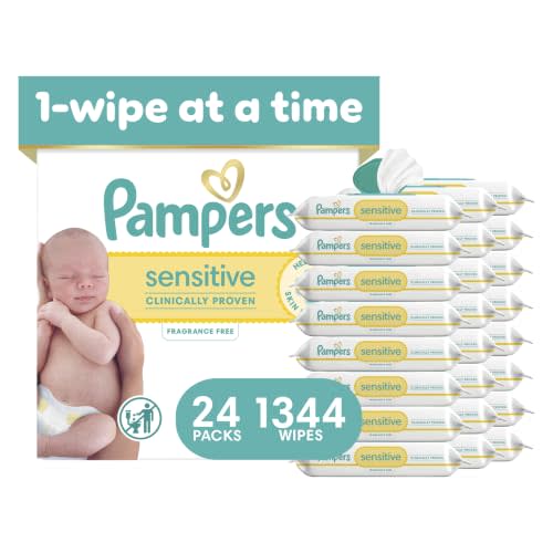 Pampers Sensitive Baby Wipes, Clinically Proven, Fragrance Free, Unscented, Water Based, Hypoallergenic, Multi-Use, Hand Wipes 1344 Wipes Total (24X Flip-Top Packs) [Packaging May Vary]