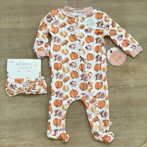 🎃 Milkberry Baby Girl Bamboo Pumpkin Fall Sleeper Footie 0-3 3-6 6-9 months