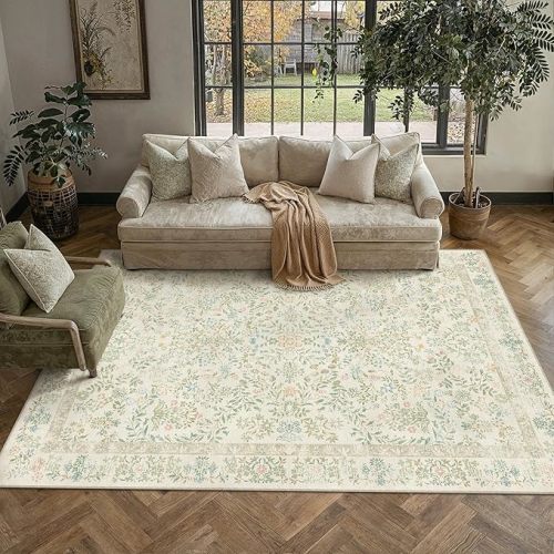 PureCozy 5x7 Light Green Area Rug for Living Room Bedroom Washable Vintage Floral Carpet Low Pile Non Slip Botanical Aesthetic Dining Room Soft Accent Throw Rug Nursery Office Indoor