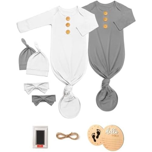 2Pk Newborn Baby Knotted Gowns, Soft Sleeper Coming Home Outfit with Hello World Announcement Sign & Ink Pad for Baby Birth