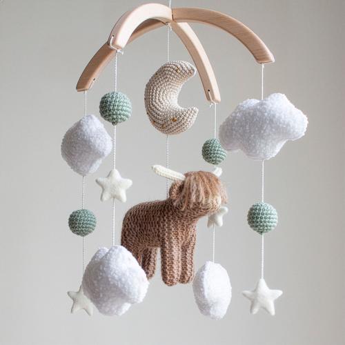 Highland Cow Baby Mobile with Bouclé Clouds – Sage & Earthy Neutrals