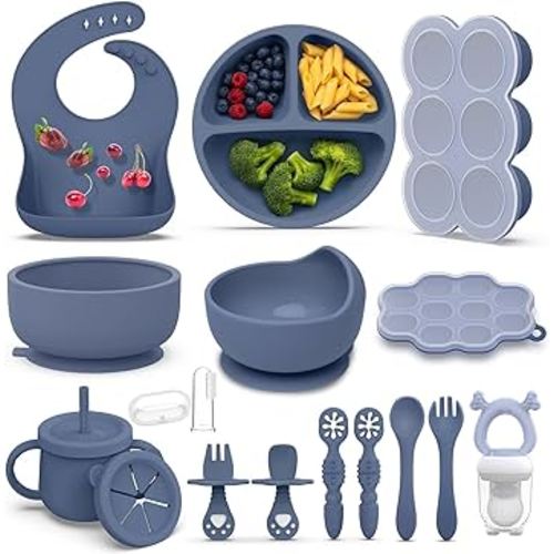 16 Pack Silicone Baby Feeding Set, BPA-Free Baby LED Weaning Supplies, Include Suction Plates, Baby Bowls, Silicone Fork & Spoon, and More, First Stage Baby Food Eating Utensils - 6+ Months(Blue, 16)