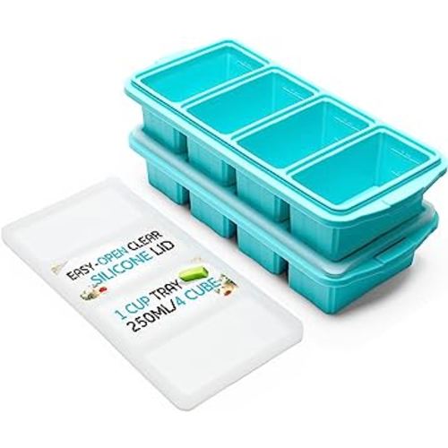 1-Cup Silicone Freezing Tray With Lid -Soup Cube Freezer Tray- Large Ice Cube Tray- 4Individual Compartments With Portion Scales- Storage For Broth, Sauces & Liquid Meal Prep- Oven & Dishwasher- Safe
