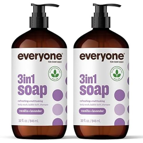 Everyone 3-in-1 Soap, Body Wash, Bubble Bath, Shampoo, 32 Ounce (Pack of 2), Vanilla and Lavender, made with Essential Oils for Men and Women