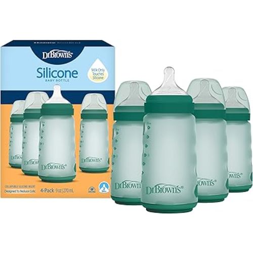 Dr. Brown's Silicone Baby Bottle with Collapsible Insert Designed to Reduce Colic, 9 oz with Wide-Neck Level 2 Medium Flow Nipple, BPA-Free, 3m+, Green, 4-Pack