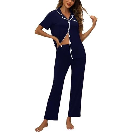 Womens Pajamas Sets 2 Piece Button Up Pj Sets Short Sleeve with Long Pant