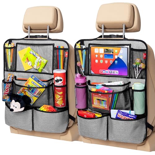 Helteko Backseat Car Organizer, Kick Mats Back Seat Protector with Touch Screen Tablet Holder, Back Seat Organizer for Kids with 9 Storage Pockets, Travel Accessories (2 Pack, Gray)