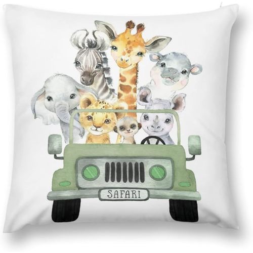 HawSkgFub Baby Boy Girl Safari Animal Truck Decorative Nursery Pillowcase Throw Pillow Cover, Jungle Cushion Case Bedroom Playroom Baby Shower Decor, Elephant Zebra Giraffe Lion Neutral Kid Gift 20x20