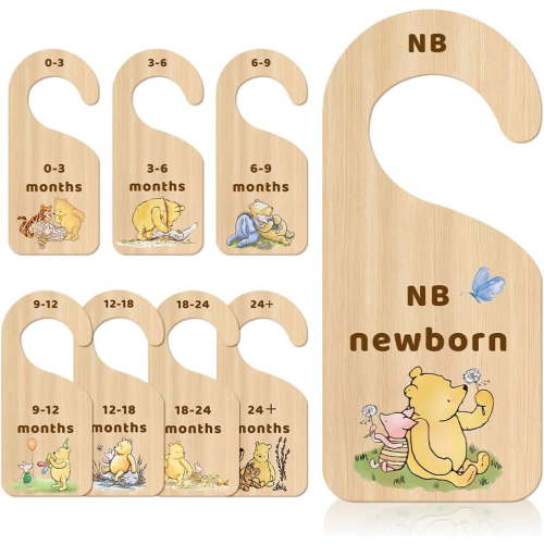 8 Pcs Classic Winnie Baby Closet Dividers Bear Double Sided Clothes Organizer for Nursery Decor Wooden Hanger for Newborn Stuff from 0 to 24 Months
