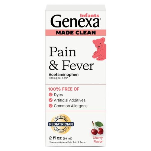 Genexa Infants’ Clean Pain & Fever Acetaminophen, Dye Free, 0% Artificial Additives, Delicious Organic Cherry Flavor, Liquid Oral Suspension Medicine for Baby, 160 mg per 5mL, 2 fl oz