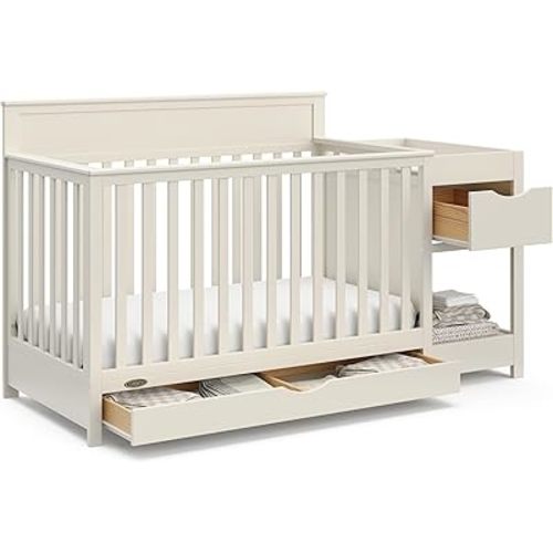 Graco Shiloh 5-in-1 Convertible Crib & Changer with Drawer (Frosted Oat) – GREENGUARD Gold Certified Baby Crib Crafted from Wood, Converts to Toddler Bed, Daybed, and Full-Size Bed