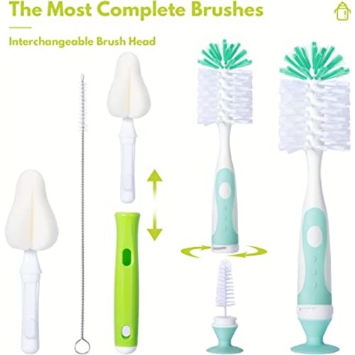 CAREBABYMORE Baby Bottle Brush with One Base Hidden Nylon Nipple Cleaner, 2 Pcs Sponge Nipple Brushes, 2 Pcs Straw Brushes, Bottle Brush with Nipple Cleaner and Suction Cup (Blue)