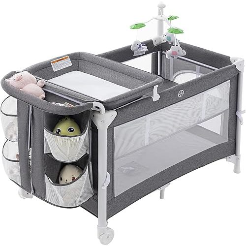 3 in 1 Baby Crib and Playpen - Bedside Sleeper With Changing Table, Diaper Caddy Organizer, and Toys for Babies and Toddlers