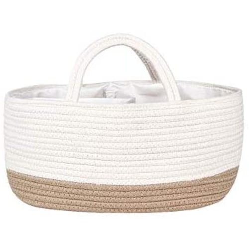 Mila Millie Baby Large Cotton Rope Diaper Caddy | Organizer Storage Bin for Nursery Essentials | Portable Bag for Changing Table and Car | 100% Natural Cotton | Eco friendly (White & Biege)