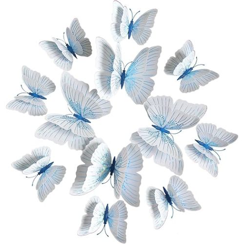 24PCS 3D Butterfly Wall Decor Butterflies Decals Removable Butterfly Wall Stickers for Girls Kids Bedroom and Room Decoration Mural Blue and Double Wings White
