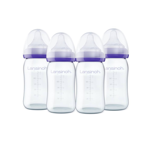 Lansinoh Anti-Colic Glass Baby Bottles, 5 Ounces, 4 Count Bottles for Feeding, Baby Essentials, Includes 4 Slow Flow Nipples, Size S
