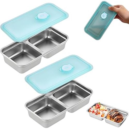 Grab and Go Snack Containers Reusable,Stainless Steel Double Compartment Snack Container,Compartment Containers with Lids,for Snacks Dips Travel and Outdoor Camping (2Pcs)