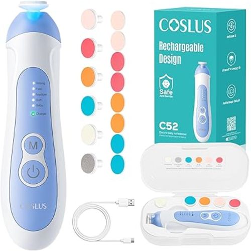 COSLUS C52 Baby Nail Trimmer Rechargeable: CPC Certified & Quiet Design - Gentle Baby Nail File for Trimming, Electric Baby Nail Kit with 5 Modes & 6 Grinding Heads for Infant toddler Kid, Baby Blue