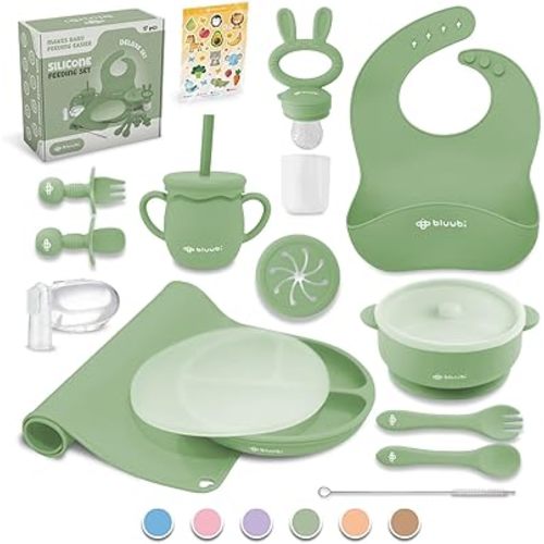Silicone Baby Feeding Set - Infant Tableware for First Foods & Baby, Led Weaning (0+ Months), Easy to Clean, Durable, Perfect for Baby Boy or Girl, Solid Feeding - Olive - Deluxe