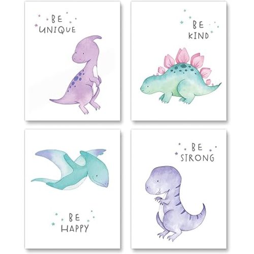 Gubrandin Watercolor Dinosaur Print Motivational Quote Wall Art Nursery Bedroom Decoration Funny Animals Poster for Boys or Girls Bedroom (8x10 inch，Set of 4，Unframed)