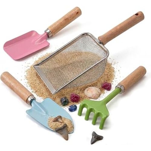 Beach Sand Toys for Kids Toddlers, Beach Mesh Shovel Rake Set with Sifter & Shell Clipping Tongs, Travel Mesh Scooper for Digging, Sifting Collecting Shells, Shark Tooth Sifter Dipper for Boys Girls