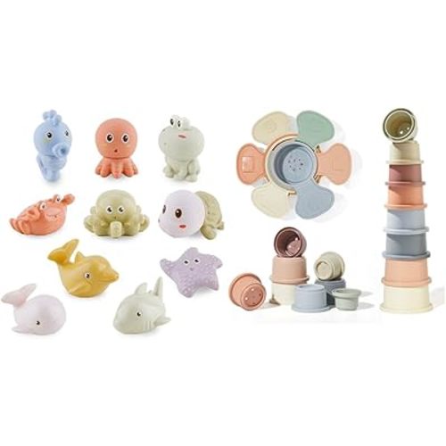 10PCS Bath Squirt Toys and 14PCS Bath Toys Baby Stacking Cups with Bathing Spoon