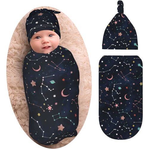 Space Galaxy Constellation Swaddle With Beanie Set, Soft And Stretchy Space Baby Stuff Blanket Swaddle Sleep Sack For Newborn Boy And Girl