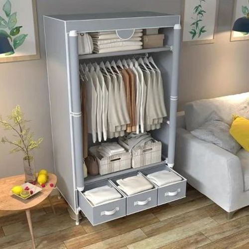Portable Clothes Closet Rolling Door Wardrobe with Hanging Rack, Non-Woven Fabric Storage Organizer w/ Three Drawer Boxes No-Tool Assembly
