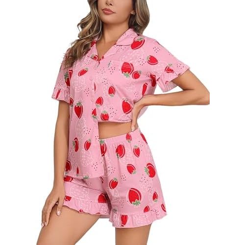 SWOMOG Woman Pajama Set Short Sleeve Pjs Set 2Pcs Short Pajamas Button Down Ruffle Hem Sleepwear Soft Modal Loungewear