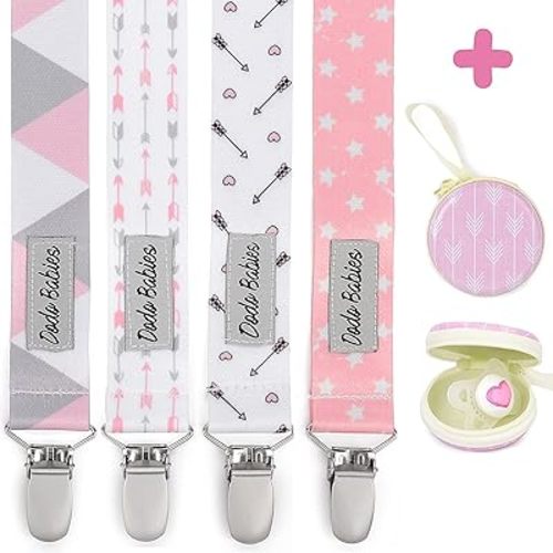 Dodo Babies Pacifier Clip Set - Four Clips Plus Binky Case - Universal Holder Fits Most Paci Brands, Teethers and Car Seats - Pink and Gray Prints for Girls or Boys