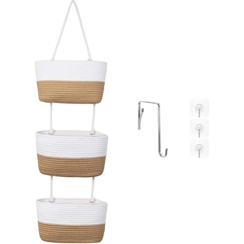 Hanging Baskets for Organizing, 3 Tier Wall Storage Basket, Boho Baby Nursery Organization Decor for Wall, Cotton Rope Over the Door Organizer, Behind Door Toy Storage (Brown)