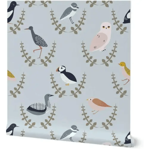 Removable Wallpaper 3ft x 2ft - Birds Scandinavia Scandinavian Scandi Art Puffin Owl Gender Neutral Baby Arctic Custom Pre-Pasted Wallpaper by Spoonflower