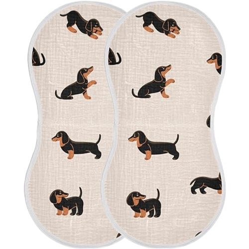 Muslin Baby Burp Cloths Set of 4, Soft Absorbent Cute Dogs Dachshunds Muslin Washcloths, Bibs, Face Towel for Newborn Boys Girls, 22 x 11 Inch