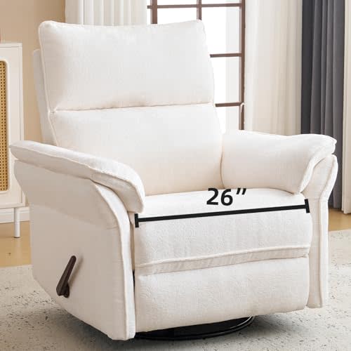 Rhevoy Oversized Recliner Chair, 26" Extra Wide 360° Swivel Rocker Recliner with Adjustable Headrest, Chenille Glider Rocking Nursery Chair with Overstuffed Armrest, Lumbar Support, White