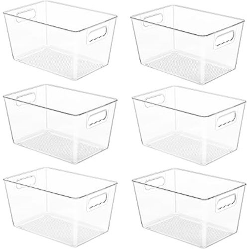 YIHONG 6 Pack Clear Pantry Organizer Bins, Plastic Containers with Handle for Kitchen,Freezer,Cabinet,Closet,Bathroom Under Sink Storage
