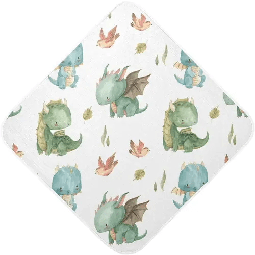 Cute Dragon Muslin Hooded Baby Towel Ultra Soft and Absorbent Bath Towel for Boy Girl Cotton Baby Bathrobe Blanket for Newborn Infant Toddler, 30x30 Inch
